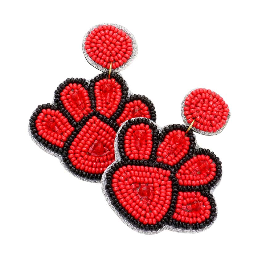 Red Felt Back Seed Beaded Paw Dangle Earrings, Seed Beaded paw dangle earrings are fun handcrafted jewelry that fits your lifestyle, adding a pop of pretty color. Enhance your attire with these vibrant artisanal earrings to show off your fun trendsetting style. Great gift idea for your Wife, Mom, or your Loving One.