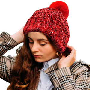 Red Fleece Lining Mixed Color Knit Faux Fur Pom Pom Beanie Hat, The faux fur material is soft and comfortable while the fleece lining provides extra warmth. The multi-color knit design makes this hat stylish and fashionable. An ideal winter gift choice for family and friends, young adults, colleagues, or yourself.