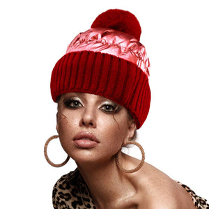Red Fleece Lining Puffer Knit Pom Pom Beanie Hat, Whether you're dressing up or dressing down, you'll look effortlessly stylish in this Knitted pom pom beanie. It provides warmth to your head and ears. Puffer Outer material creates a Shiny and Metallic outlook. Daily wear and holiday also match. Perfect gift idea too!