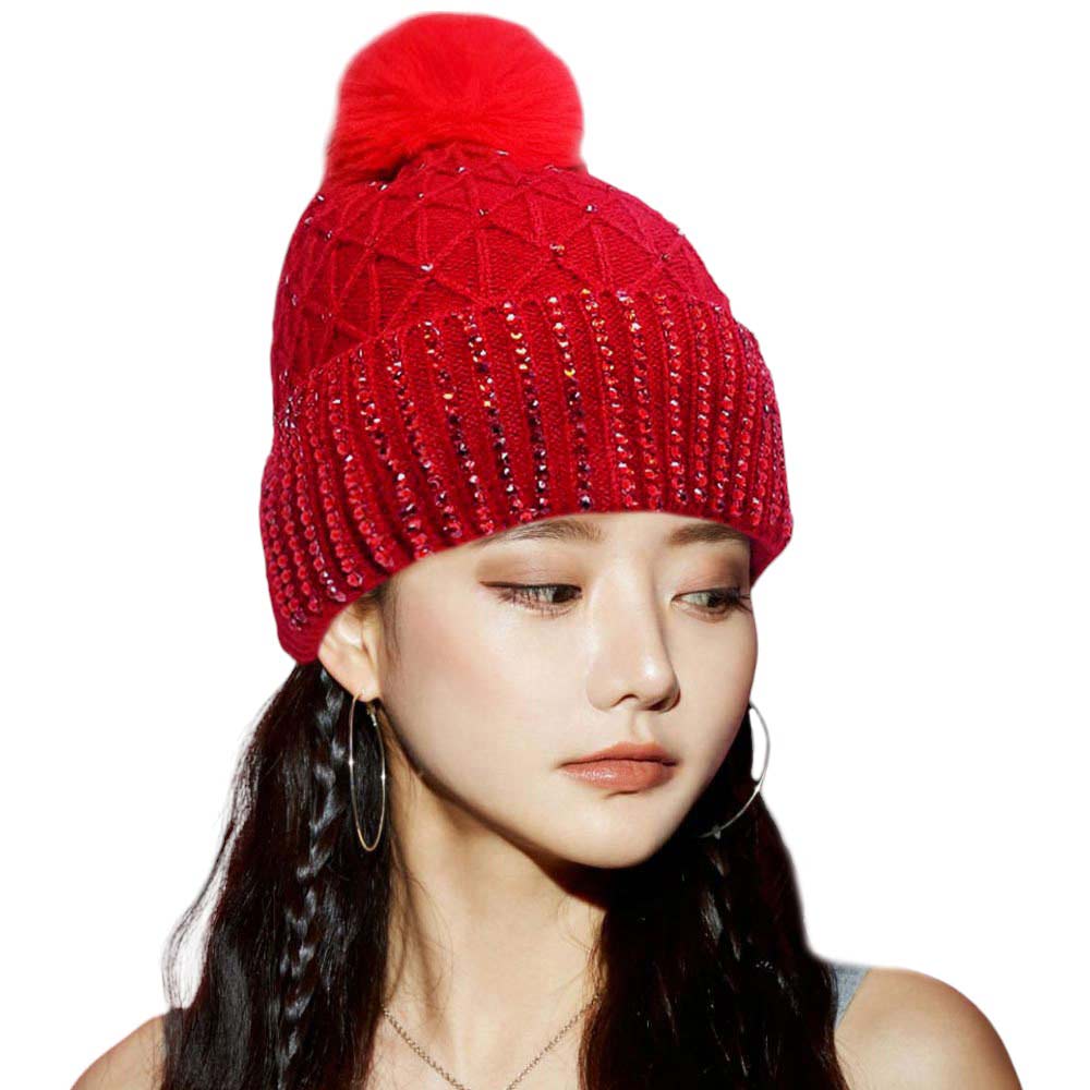 Red Fleece Lining Rhinestone Embellished Pom Pom Beanie Hat. Stay warm and stylish with this. Made of a cozy knit blend and featuring a luxurious rhinestone embellishment, this hat provides a fashion-forward look while keeping you warm and comfortable. Perfect seasonal gift idea for fashion-loving close people!