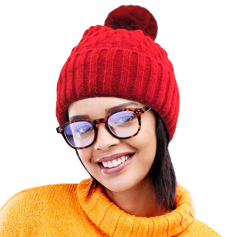 Red Fleece Lining Solid Knit Faux Fur Pom Pom Beanie Hat, Stay warm and stylish this season with this hat. This classic hat is perfect for gifting, crafted with a solid knit and lined with soft fleece to provide superior warmth and comfort on cold days. Perfect winter accessory for outdoor activities.