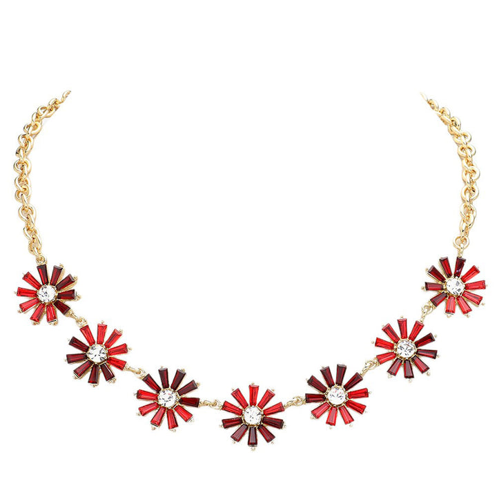 Red-Glass Stone Embellished Flower Cluster Link Necklace, Add a touch of elegance to your look with this necklace. The necklace features a cluster of stunning glass stones in the shape of a delicate flower, giving it a charming and feminine appeal. Perfect for both casual and formal occasions, perfect gift choice.