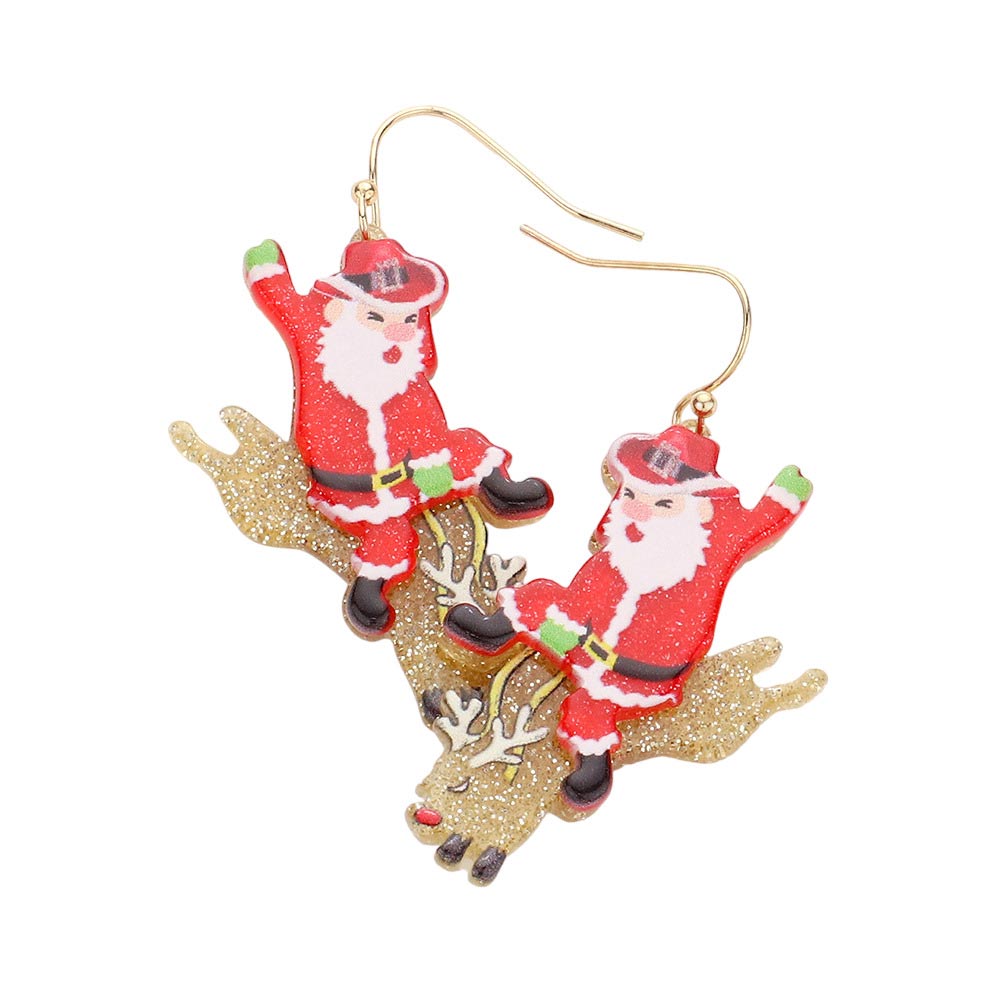 Red Glittered Resin Santa Claus Rudolph Dangle Earrings, These unique and beautiful Earrings are the perfect holiday accessory! Crafted with glittered resin Santa Claus and Rudolph charms, they will make you feel festive and stylish. Great gift idea for your Wife, Mom, your Loving one, or any family member this Christmas.
