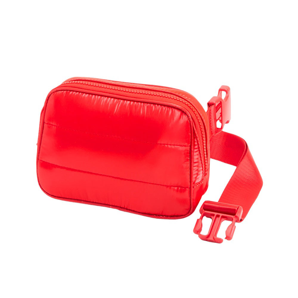 Red Glossy Puffer Rectangle Sling Bag Fanny Bag Belt Bag, this stylish is bag made from durable material to ensure maximum protection and comfort. It features a fashionable design with adjustable straps, and secure buckle closure ensuring your valuables are safe and secure. The perfect for any occasion, shopping, etc.