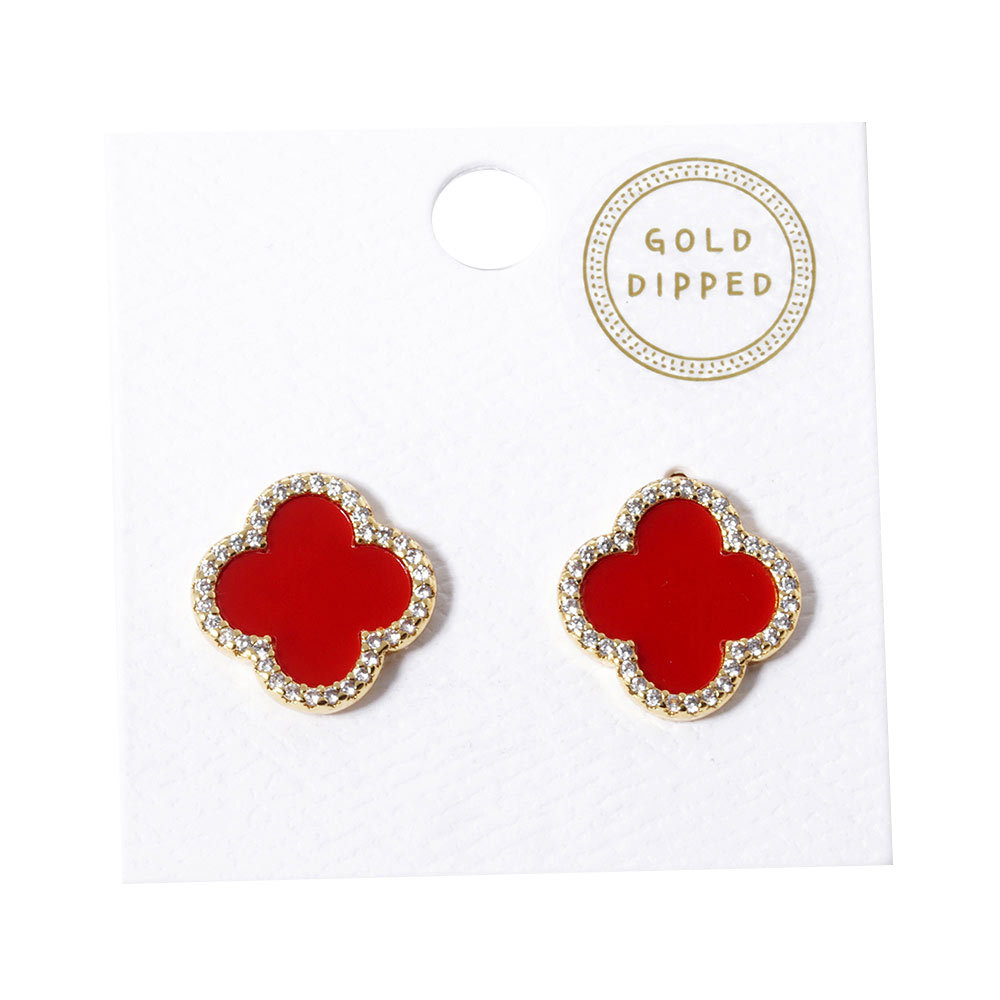 Red Gold Dipped Quatrefoil Stud Earrings, feature a quatrefoil pattern, crafted from gold-dipped lead & nickel compliant and secured with post backings. Showcase your refined style with these versatile earrings and dress up any outfit for any occasion. Nice and cute gift for your family members, friends, or loved ones.