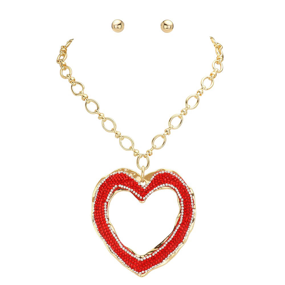 Red Gold Over Sized Stone Paved Open Heart Pendant Chunky Jewelry Set, This chunky set features an oversized stone-paved open heart pendant, adding a unique touch to any outfit. The chunky chain is both stylish and comfortable to wear, making this necklace a must-have for any fashion-forward individual. Elevate your look.