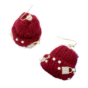 Red Gold Pearl Key Heart Lock Embellished Knit Beanie Hat Dangle Earrings, These Earrings offer a stylish yet functional design. With their fish hook back, these earrings have an easy-to-use design with a unique lock & key theme set with pearls for an extra special touch to your wardrobe. Show off your style with these today. 