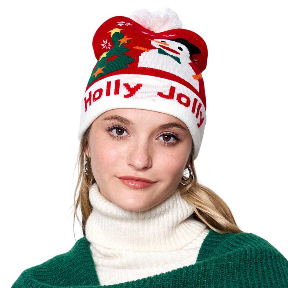 Red This bright and festive Holly Jolly Message Snowman Christmas Tree Pom Pom Beanie Hat is the perfect way to add some holiday cheer to your wardrobe. With a cozy pom pom on top, it’s perfect for all winter fun. Awesome winter gift accessory! Perfect gift for Christmas, Secret Santa, holidays, anniversaries, etc.