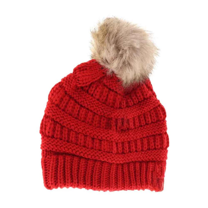 Red Kids Fur Pom CC Beanie combines warmth and style with a soft, comfortable fabric that shields young heads from cold weather. Its plush fur pom adds a fashionable accent while maintaining breathability, ensuring all-day comfort and protection during outdoor play or casual outings. Designed for durability and ease of wear, this beanie is an essential winter accessory for active children. 
