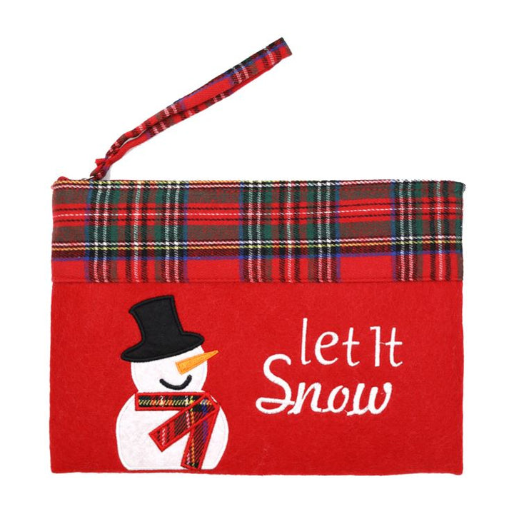Compact holiday zipper pouch with festive snowman and “Let It Snow” embroidery. Features a plaid trim and wrist strap, perfect for carrying small items or using as a seasonal gift bag.