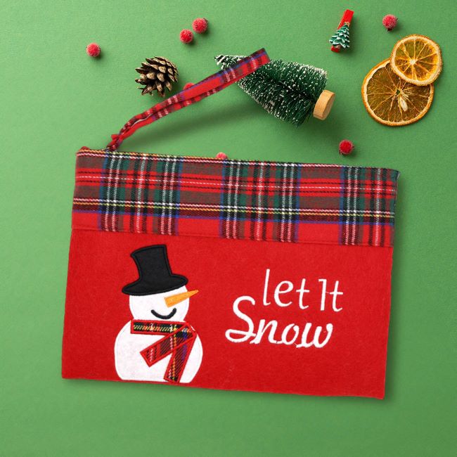 Compact holiday zipper pouch with festive snowman and “Let It Snow” embroidery. Features a plaid trim and wrist strap, perfect for carrying small items or using as a seasonal gift bag.