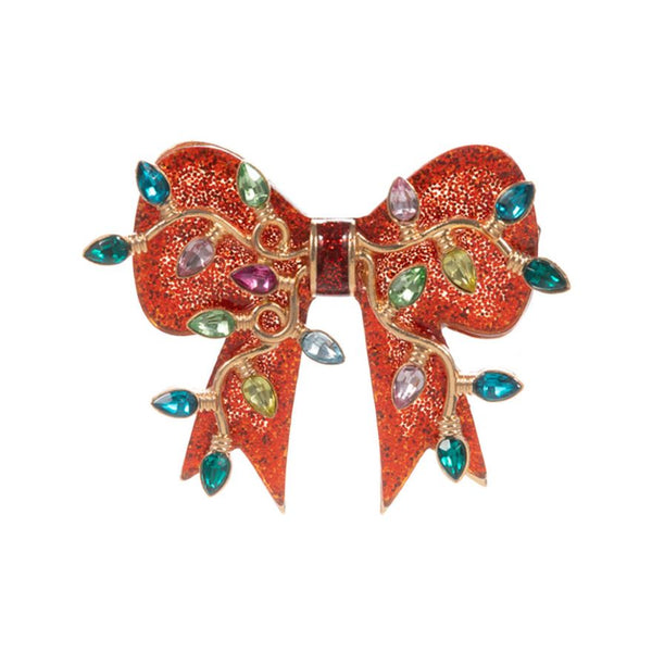 Brighten up your holiday outfits with this festive bow brooch, beautifully adorned with colorful light bulb accents. A cheerful and stylish accessory for Christmas gatherings and winter celebrations.