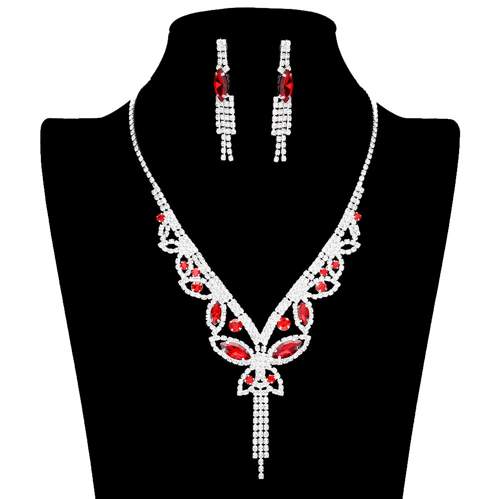 Red Marquise Round Stone Butterfly Rhinestone Jewelry Set, is crafted using marquise stones and delicate rhinestones, perfect for adding some sparkle to your look. The set includes an adjustable necklace, earrings, and bracelet, making it a perfect accessory for any special occasion outfit. Perfect gift idea.