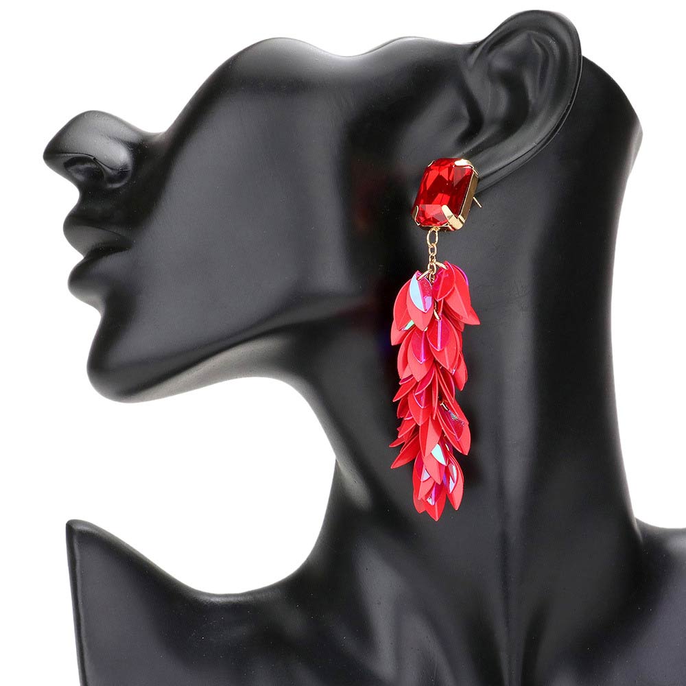 Red Marquise Sequin Cluster Vine Dangle Earrings, are the perfect addition to any outfit. Delicately designed with an intricate cluster of marquise sequins, these earrings are sure to add a touch of elegance to any look. A perfect gift for your loved one, the earrings feature a quality, secure closure for long-lasting use.
