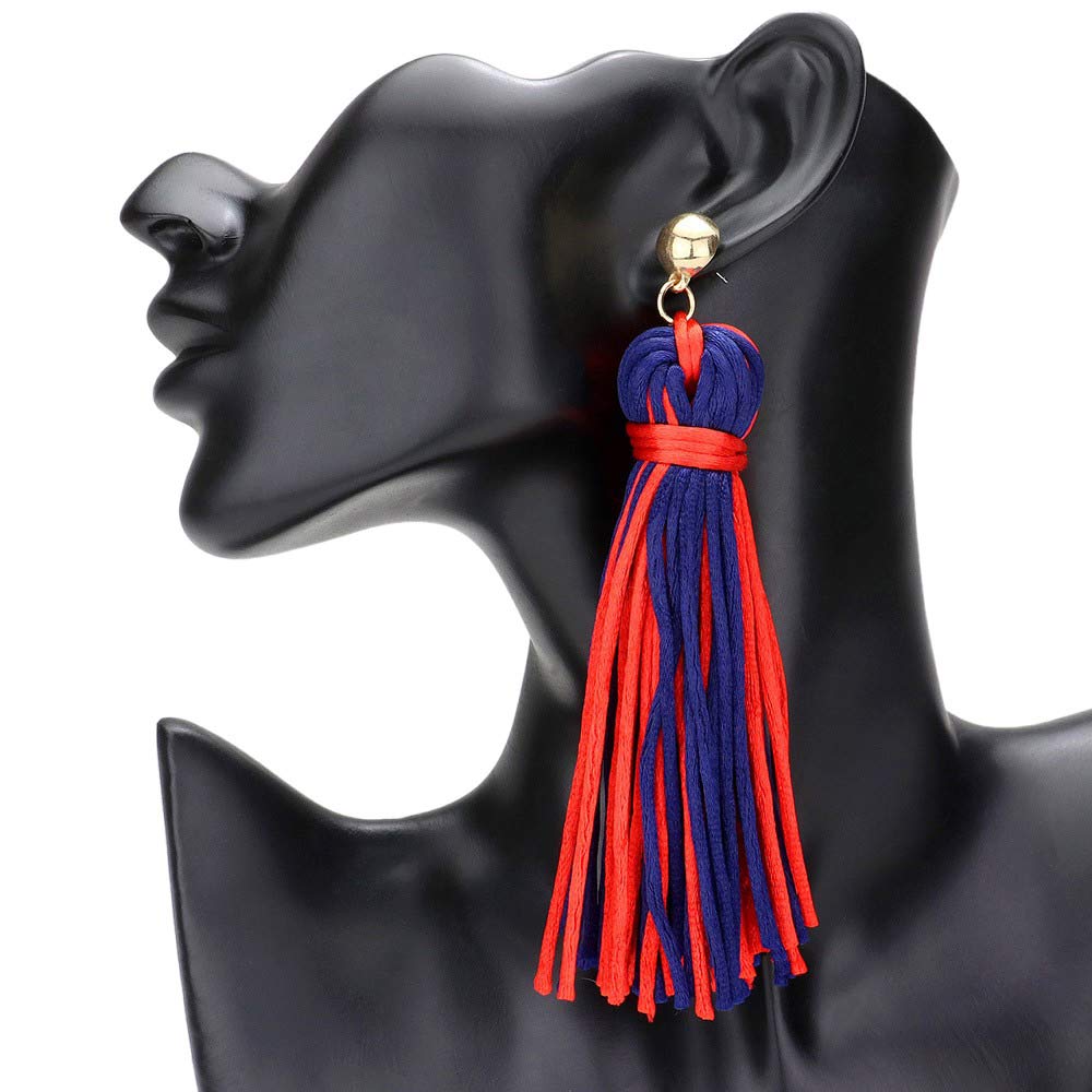 Red Navy Yarn Tassel Dangle Earrings, Experience bohemian chic with these. Crafted with soft yarn and adorned with delicate metal accents, these earrings add a touch of playful elegance to any outfit. Embrace your unique style and elevate your look with these stunning statement earrings.