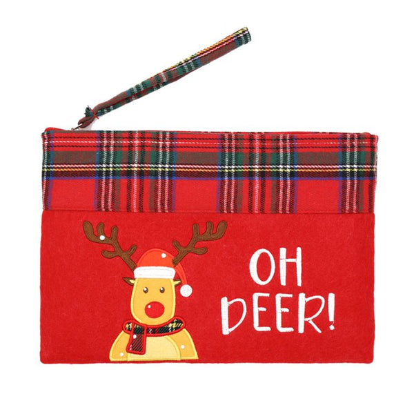 Compact holiday pouch featuring a festive reindeer and "Oh Deer!" message. Accented with classic plaid and wrist strap, ideal for holding small gifts, makeup, or essentials during the holiday season.