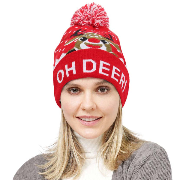 Red Oh Deer Message Christmas Pom Pom Beanie Hat, wear this beautiful beanie hat with any ensemble for the perfect finish before running out the door into the cool air. This is the perfect gift for Christmas, especially for your friends, family, and the people you love and care about.