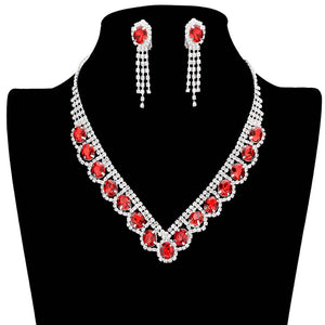 Red Oval Stone Accented V Shaped Rhinestone Necklace Earring Set, get ready with these oval stone accented necklaces to receive the best compliments on any special occasion. Put on a pop of color to complete your ensemble and make you stand out on special occasions. Perfect for adding just the right amount of shimmer & shine and a touch of class to special events.