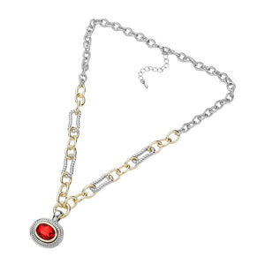 Red Oval Stone Cluster Pendant Two Tone Chunky Chain Necklace is the perfect accessory for any outfit. With its unique design featuring an oval stone cluster pendant and two tone chunky chain, it adds a touch of elegance and sophistication. Made with high-quality materials, this necklace is durable and long-lasting..