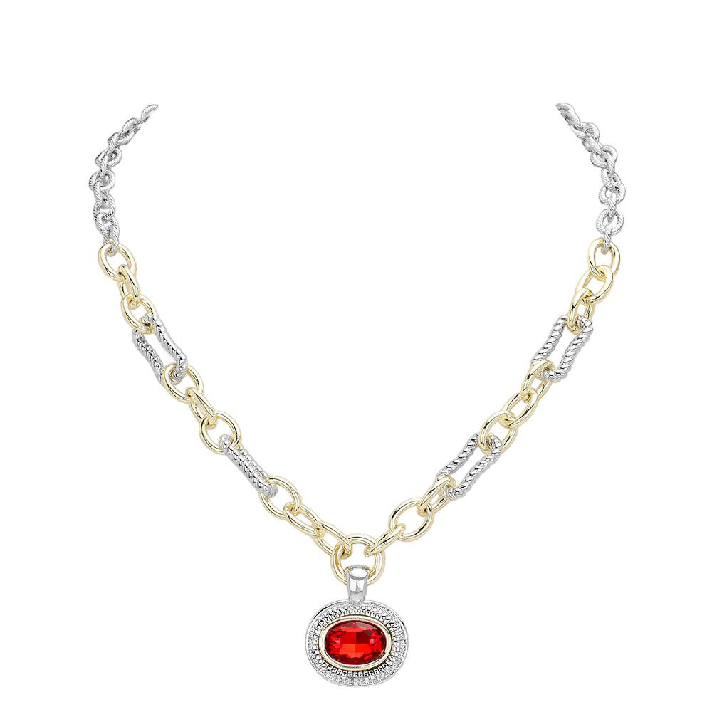 Red Oval Stone Cluster Pendant Two Tone Chunky Chain Necklace is the perfect accessory for any outfit. With its unique design featuring an oval stone cluster pendant and two tone chunky chain, it adds a touch of elegance and sophistication. Made with high-quality materials, this necklace is durable and long-lasting.