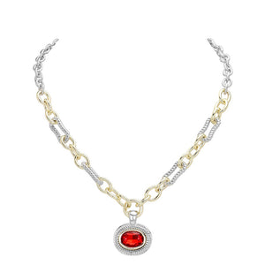 Red Oval Stone Cluster Pendant Two Tone Chunky Chain Necklace is the perfect accessory for any outfit. With its unique design featuring an oval stone cluster pendant and two tone chunky chain, it adds a touch of elegance and sophistication. Made with high-quality materials, this necklace is durable and long-lasting.