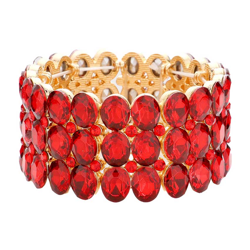 Red Oval Stone Cluster Stretch Evening Bracelet, This beautiful bracelet features an elegant design with 14K rose gold plated accents and center stones for a stunning, eye-catching look. Enjoy the comfort of the elasticized fit and the glamour of special occasions. Perfect for your next formal event or evening out.