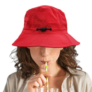 Red Packable Compact Outdoor Bucket Hat, stay prepared for any sunny adventure, and don't get caught in the sun without this clever bucket hat! Perfect for any outdoor adventure, this hat packs easily into your bag and provides ample shade when needed. Stay protected and stylish with this must-have accessory.