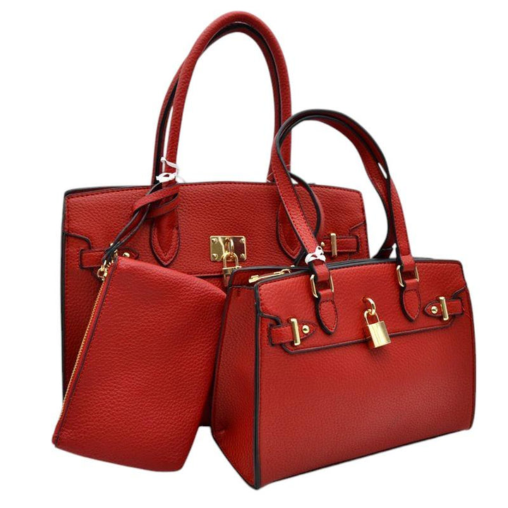 Red-Padlock Accent 3 in 1 Twin Tote-Satchel Value Set includes a wallet for added convenience. With a stylish padlock accent, this set is perfect for everyday use and travel. Made with high-quality materials, it offers durability and functionality. Get both fashion and functionality with this value set. 