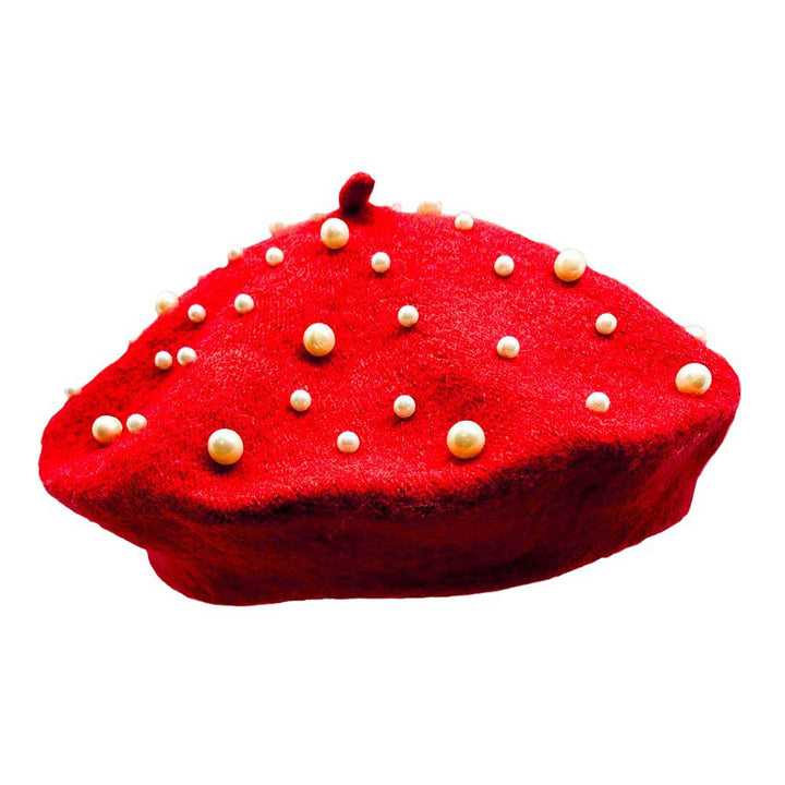 Red-Pearl Embellished Tam Beret Hat, Featuring a classic beret design, this stylish hat is adorned with elegant pearls for a touch of sophistication.Adding a touch of glamour to any outfit, this hat is a must-have accessory for any fashion-forward individual.Upgrade your style today with our Pearl Embellished Tam Beret Hat