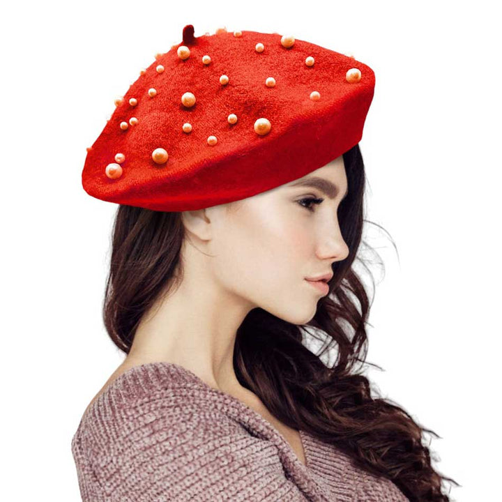 Red-Pearl Embellished Tam Beret Hat, Featuring a classic beret design, this stylish hat is adorned with elegant pearls for a touch of sophistication.Adding a touch of glamour to any outfit, this hat is a must-have accessory for any fashion-forward individual.Upgrade your style today with our Pearl Embellished Tam Beret Hat