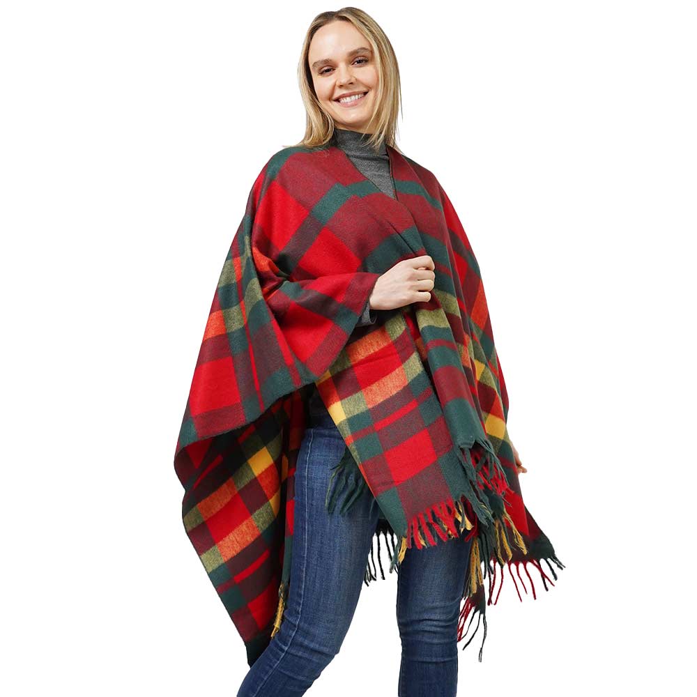 Red Plaid Check Patterned Cape Poncho, With the latest trend in ladies' outfit cover-up! the high-quality knit poncho is soft, comfortable, and warm but lightweight. It's perfect for your daily, casual, party, evening, vacation, and other special events outfits. A fantastic gift for your friends or family.