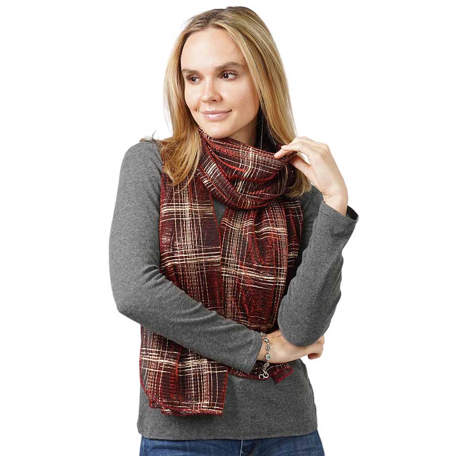 Red Plaid Check Patterned Lurex Sheer Crinkle Oblong Scarf, is delicate, warm, on-trend & fabulous, and a luxe addition to any cold-weather ensemble. This scarf combines great fall style with comfort and warmth. Perfect gift for birthdays, holidays, or any occasion.