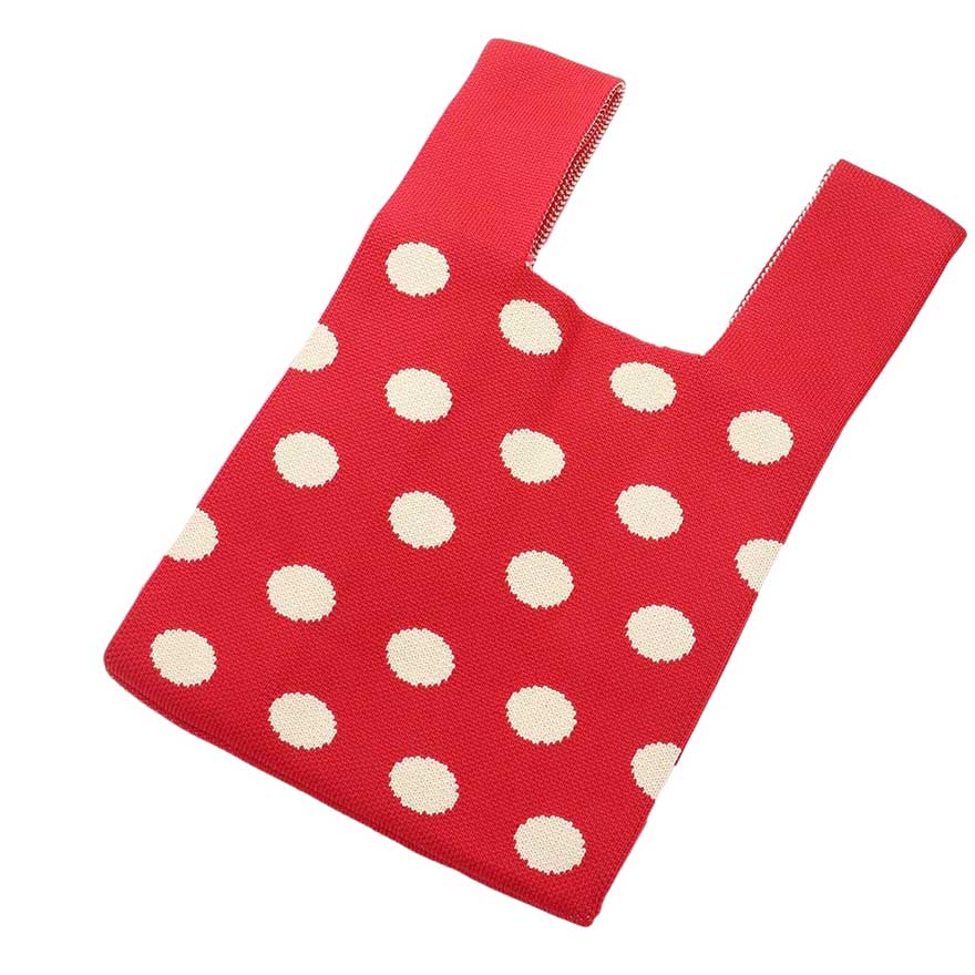 Red Polka Dot Patterned Knit Tote Bag, is designed with a unique polka dot pattern. With its sleek design and comfortable straps, this bag will be a great accent to any outfit. Made with durable materials, its strong construction can withstand everyday use. This can be a thoughtful gift to friends and family members.
