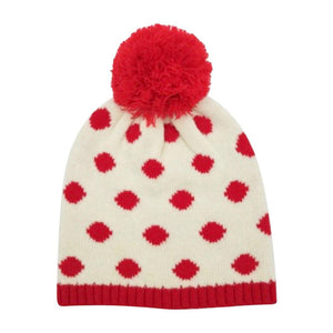 Red Polka Dot Pom Pom Beanie Hat, Protect yourself from the cold with this fashionable and cozy beanie. This stylish beanie features a soft fleece lining and an all-over polka dot design for a playful look. Perfect for winter outdoor activities or daily wear. Fashionable Christmas gift idea for family members and friends.