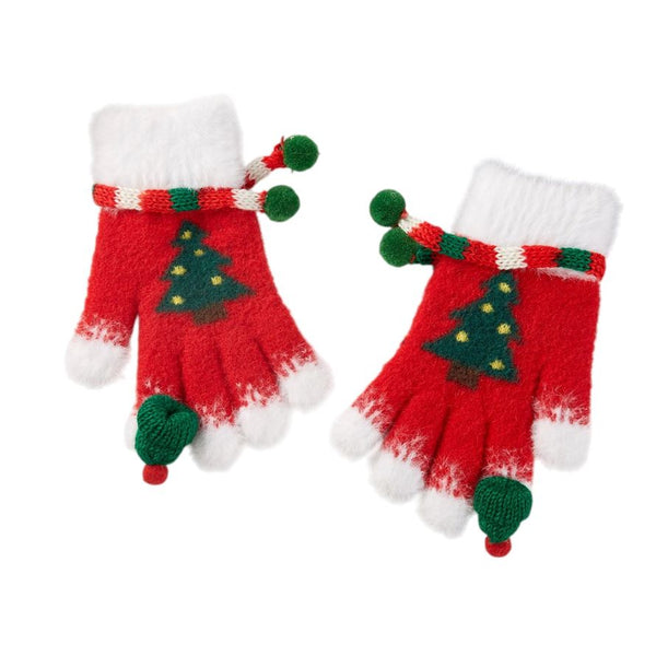 Festive knit gloves with Christmas tree pattern, fluffy cuffs, and playful pom pom details. Designed with smart touch capability, these cozy gloves bring holiday cheer while keeping hands warm and functional in winter.