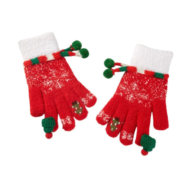 Cozy Christmas knit gloves featuring playful snowflake and snowman patterns, fluffy cuffs, and pom pom accents. Designed with smart touch capability for easy device use, perfect for holiday style and winter warmth.