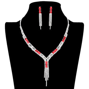 Red Rectangle Stone Accented Rhinestone Fringe Tip Jewelry Set, perfect for adding a touch of elegance to any special occasion outfit. Featuring a beautiful rectangle stone accent, this necklace and earring set will be a unique addition to any jewelry collection. Perfect gift choice for loved ones on any special day.