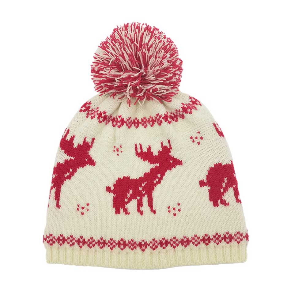 Red Reindeer Nordic Pom Pom Beanie Hat, is perfect for enhancing any outfit all year round. It features a knitted texture and extra fluffy pom pom detailing for added warmth and protection. Keep yourself warm while looking great with this cozy winter hat in this Christmas festive and make a nice gift with this.