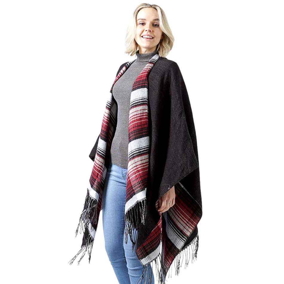 Red Reversible Plaid Check Patterned Tassel Cape Poncho, with the latest trend in ladies' outfit cover-up! the high-quality knit poncho is soft, comfortable, and warm but lightweight. It's perfect for your daily, casual, evening, vacation, and other special events outfits. A fantastic gift for your friends or family.