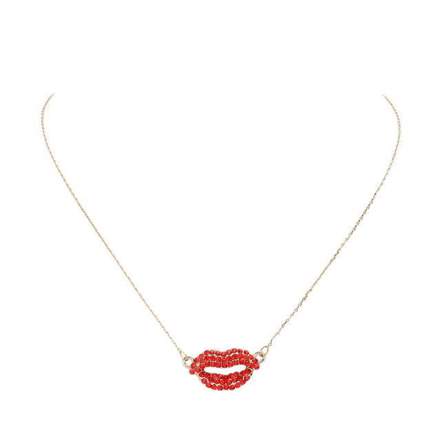 Red Rhinestone Embellished Lips Pendant Necklace adds the perfect touch of sparkle to any outfit. The shiny rhinestones enhance the playful lips design, making it a fun and stylish accessory. Elevate your look with this eye-catching necklace.