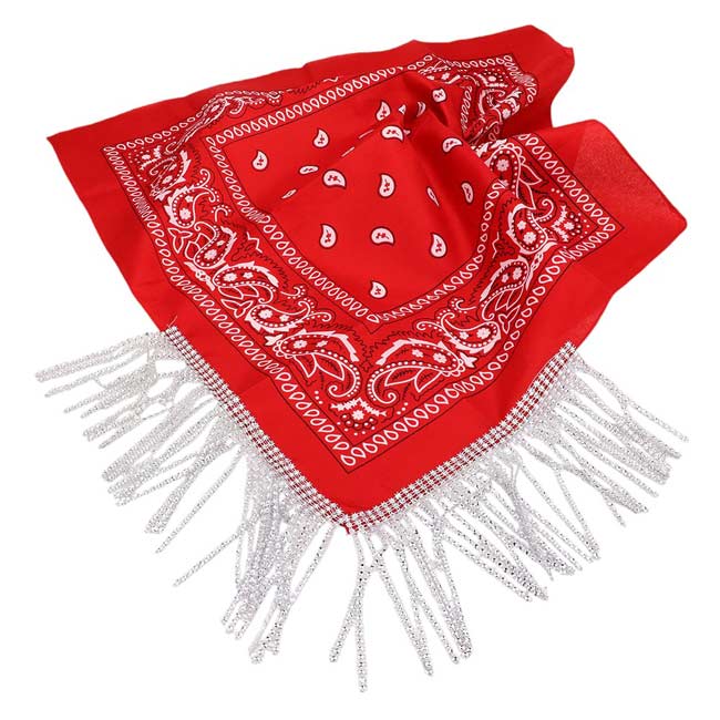 Red-Rhinestone Like Fringe Cowgirl Bandana Scarf adds a touch of sparkle and charm to any outfit. The fringe detailing and cowgirl motif make it a perfect accessory for any western-themed event. Made with high-quality materials, this scarf offers both style and durability. Perfect gift choice for someone you love.