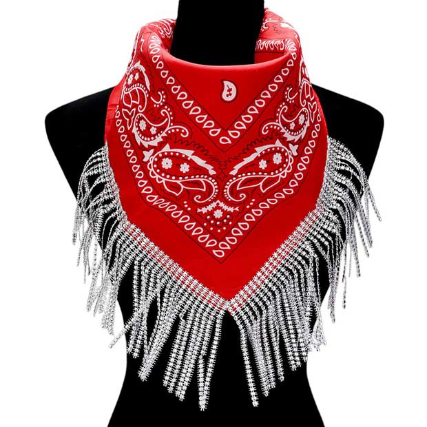 Red-Rhinestone Like Fringe Cowgirl Bandana Scarf adds a touch of sparkle and charm to any outfit. The fringe detailing and cowgirl motif make it a perfect accessory for any western-themed event. Made with high-quality materials, this scarf offers both style and durability. Perfect gift choice for someone you love.