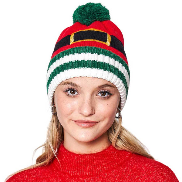 Santa Belt Pom Pom Beanie Hat