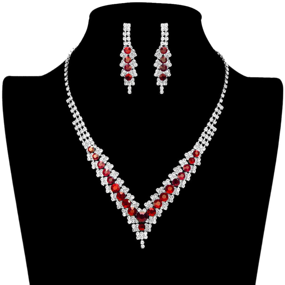 Red Silver V-Neck Collar Rhinestone Necklace, Adorn yourself with this eye-catching V-Neck Collar Rhinestone Necklace set. The elegant design features a delicate pattern of rhinestones that adds a touch of sparkle and shine to any outfit. Subtle yet stunning, this jewelry set is perfect for special occasions or everyday wear.