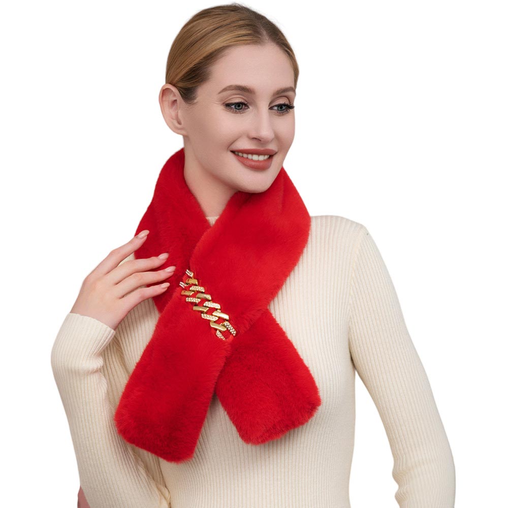 Red Solid Faux Fur Chain Pull Through Scarf, provides warmth and comfort without compromising on trend. Crafted from a luxuriously soft faux fur material, it comes with a long chain for a stylish pull-through design. Perfect gift item for family members, friends, or yourself on any occasion or just to make a surprise.