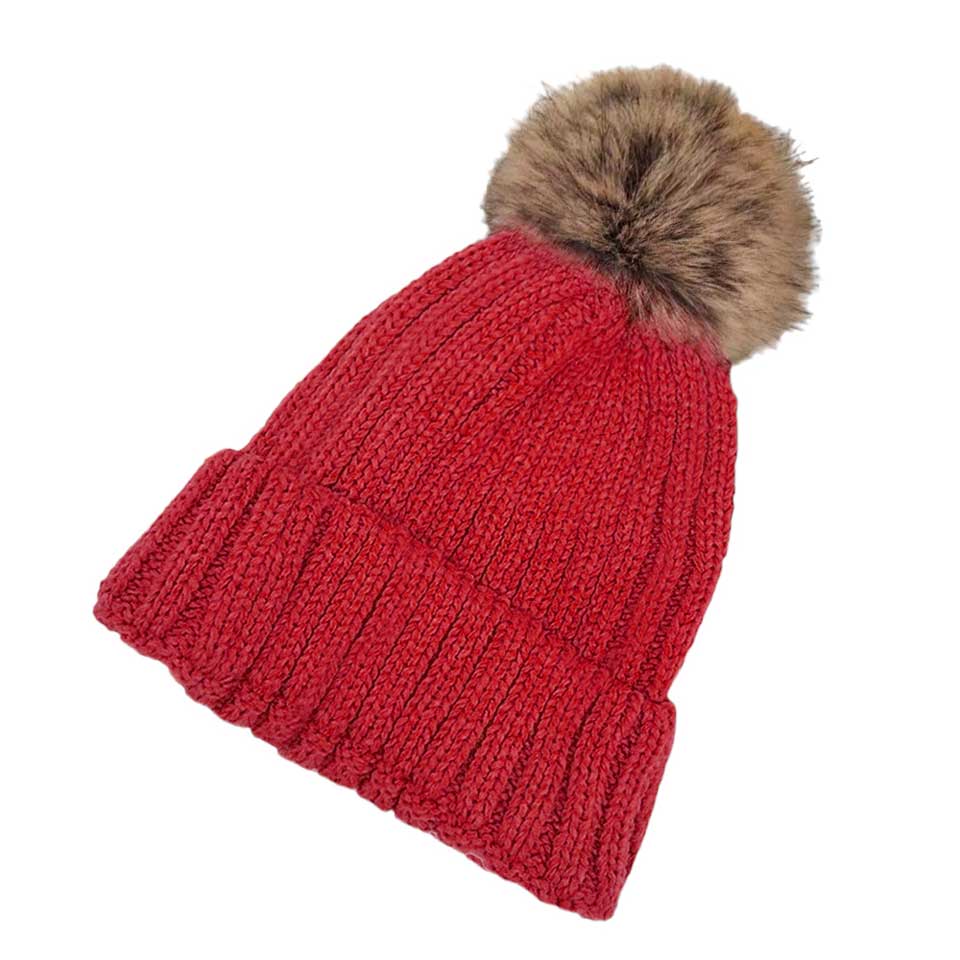Red Solid Knit Faux Fur Pom Pom Beanie Hat, stay warm during the chilly months with this cozy pom pom beanie hat. This is the perfect hat for any stylish outfit or winter dress. Perfect gift item for Birthdays, Christmas, Stocking stuffers, Secret Santa, holidays, anniversaries, Valentine's Day, etc.