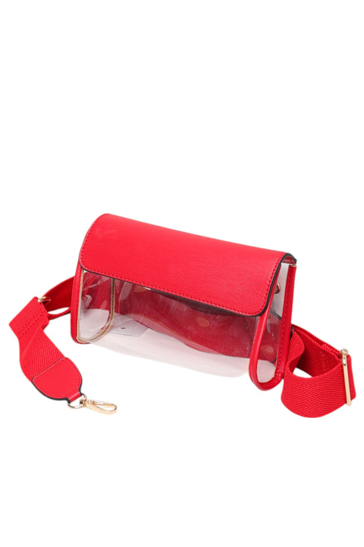 Solid Trim Clear Stadium Crossbody Bag combines transparency with reinforced solid trim for enhanced durability and style. Designed to meet stadium security requirements, it offers easy visibility of contents while maintaining a sleek, structured look. Its crossbody design ensures comfortable, hands-free wear, making it a practical choice for events where convenience and compliance are essential.