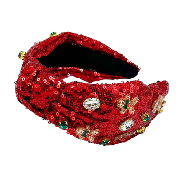 Red-Stone Cluster Gingerbread Man Embellished Sequin Knot Headband, add a festive touch to your holiday look with our Christmas Headband. Made with sparkling sequins and featuring a charming gingerbread man design, this headband is the perfect accessory for any Christmas event.