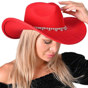 Red Stone Embellished Band Pointed Solid Cowboy Fedora Panama Hat, is ideal for your western wardrobe. Crafted from quality materials, this fedora features a pointed crown and a stone-embellished band for a rugged and stylish look. Perfect for Country and western events or everyday wear.