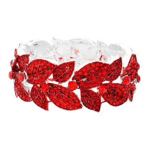 Red Stone Paved Leaf Linked Stretch Evening Bracelet, Crafted of high-quality stones and metal alloy, this unique bracelet features intricately linked leaves, connected with a stretchable band to provide a secure fit. Accessorize your special occasion wear with this stunning design for an eye-catching look.